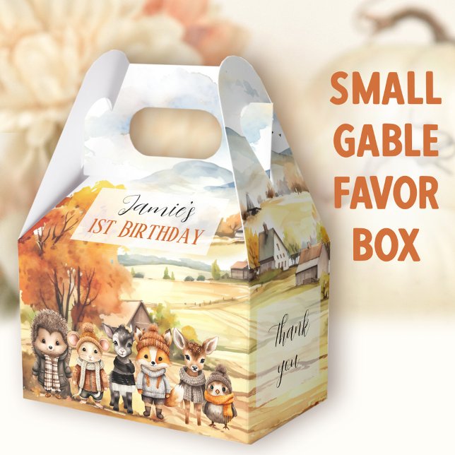 Fall Cute Woodland Animals Birthday Small Gable Favour Box (Woodland Animals Small Gable Favor Boxes - You can choose from 3 sizes of these gable favor boxes)