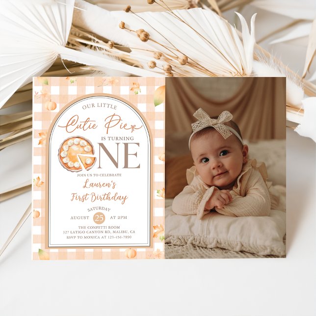 Fall Cutie Pie Pumpkin Gingham 1st Birthday Photo Invitation (Creator Uploaded)