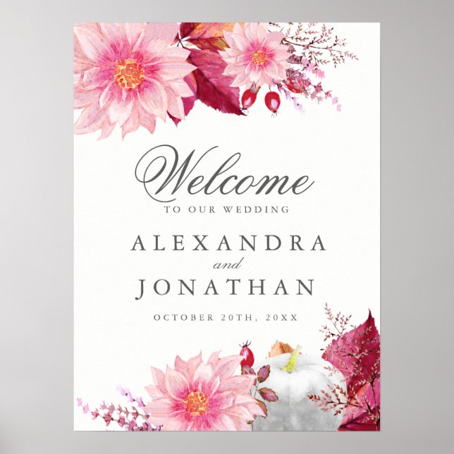 Fall Dahlia and Pumpkin Wedding Welcome Poster (Front)