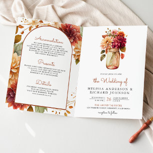 Fall Dahlia Floral Mason Jar QR Code Wedding Invitation