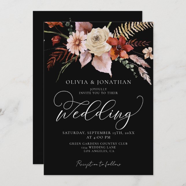 Fall Dark Moody Floral Black Terracotta Wedding  Invitation (Front/Back)