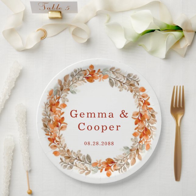 Fall Dark Red Orange Floral Wedding Paper Plate (Wedding)