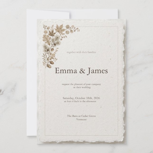 Fall Deckle Edge Wedding Invite - Maple Acorn (Front)