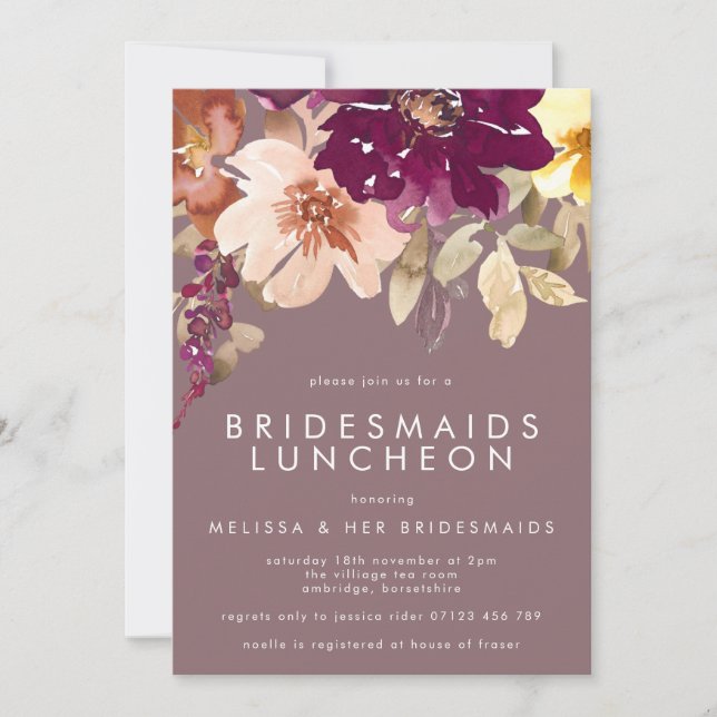 Fall Deep Purple Floral Bridesmaids Luncheon Invitation (Front)
