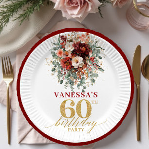 Fall Deep Red Gold Autumn 60th Birthday Paper Plat Plate