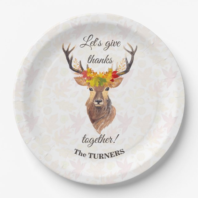Fall Deer Let's give Thanks together Thanksgiving Paper Plate (Front)