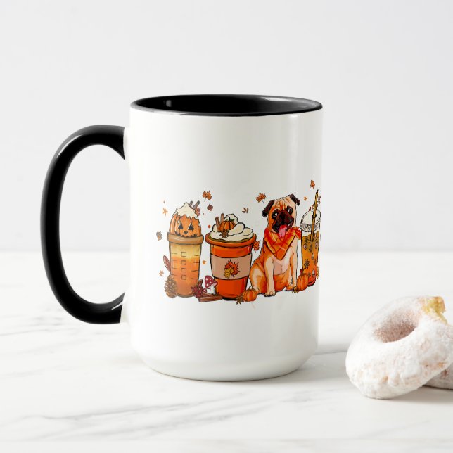 Fall Dog Coffee Mug, Bull Dog Mug, Fall Vibes Mug (With Donut)
