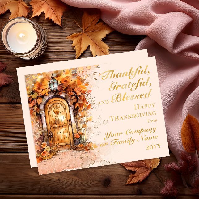 Fall Door Thanksgiving Thankful Grateful Blessed  (Elegant Wood Door Fall Leaves | Pumpkins "Thankful, Grateful and Blessed Thanksgiving Greeting Card)