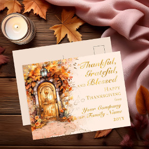 Fall Door Thanksgiving Thankful Grateful Blessed  Foil Holiday Postcard