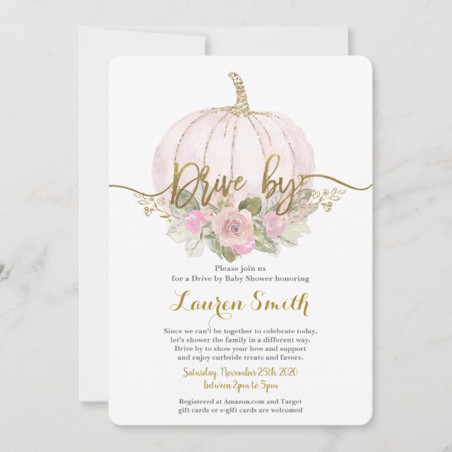 Fall Drive by Baby Shower girl pink pumpkin Invitation (Front)