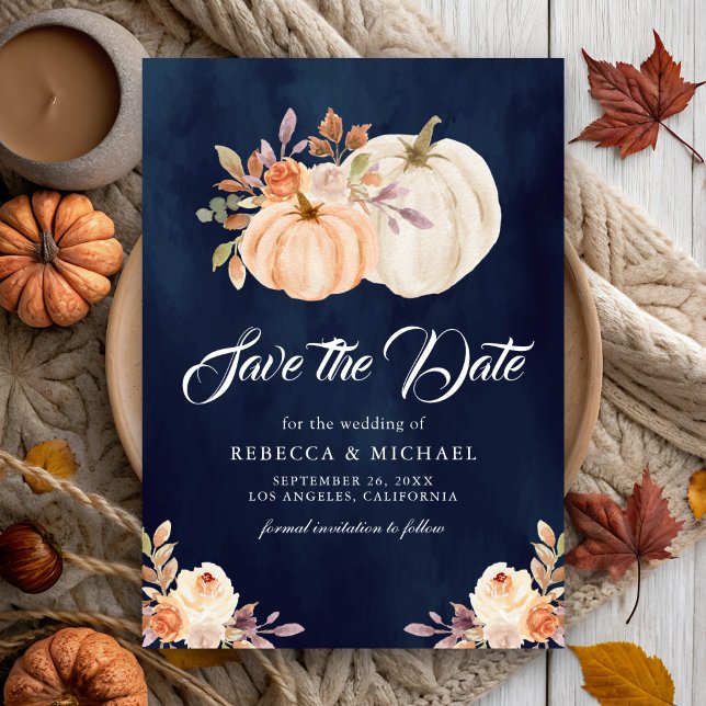 Fall Earthy Floral Pumpkin Navy Blue Wedding Save The Date (Creator Uploaded)
