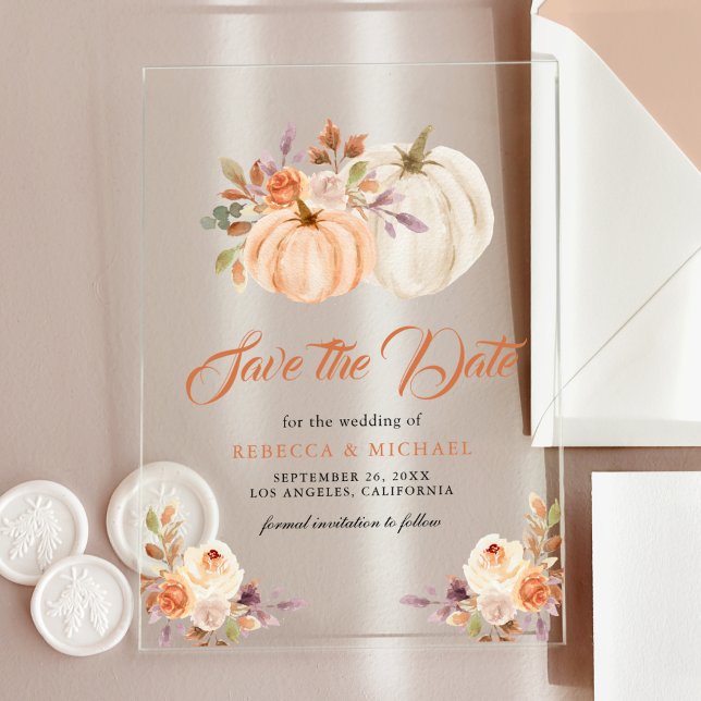 Fall Earthy Floral Pumpkin Wedding Save the Date Acrylic Invitations (Creator Uploaded)