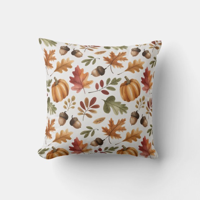Fall Earthy Orange Watercolor Pumpkin Maple Leaves Cushion (Front)