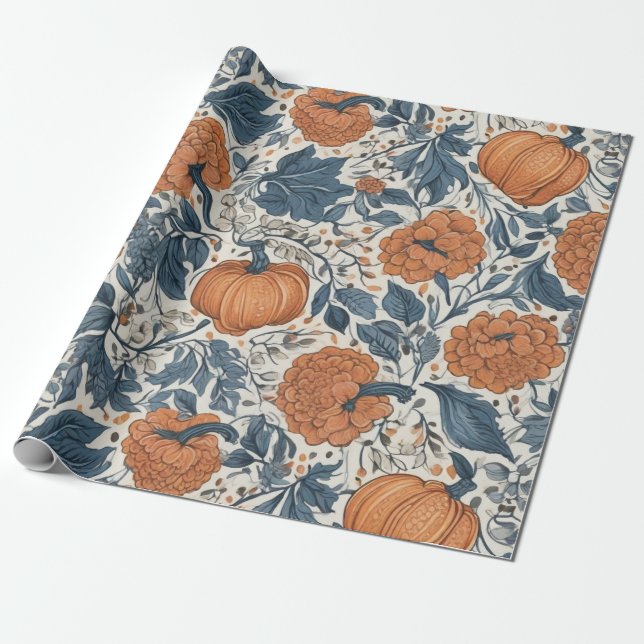 Fall Elegant Abstract Leaves Pumpkin Flower  Wrapping Paper (Unrolled)