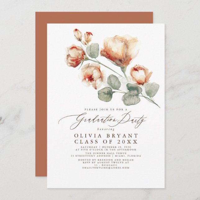 Fall Elegant Boho Floral Graduation Party Invitation (Front/Back)