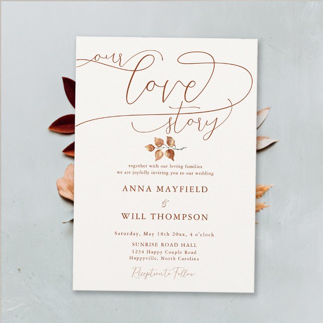 Fall Elegant Calligraphy Our Love Story Wedding Invitation (Our Love Story Romantic Elegant Calligraphy Fall Autumn Wedding Invitation Terracotta Burnt Orange)