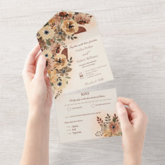 Fall Elegant Watercolor Floral Wedding All In One Invitation