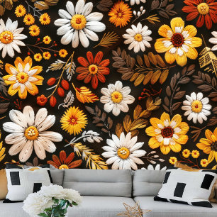 Fall Embroidered Floral Pattern Wallpaper