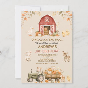 Fall Farm Animals Barnyard 3rd Birthday Invitation