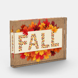 Fall Farmhouse Colourful Autumn Leaves on Burlap  Photo Block