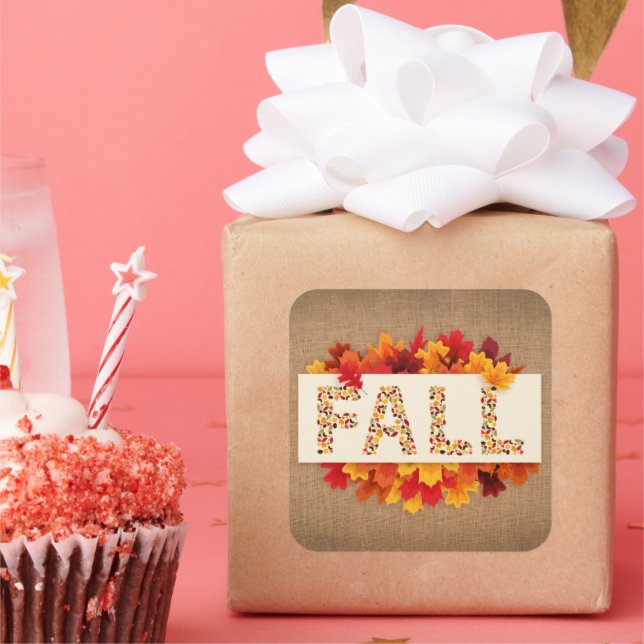 Fall Farmhouse Colourful Autumn Leaves on Burlap  Square Sticker (Party)