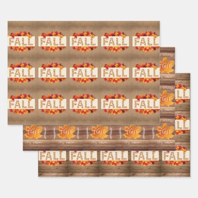 Fall Farmhouse Colourful Autumn Leaves on Burlap  Wrapping Paper Sheet (Set)