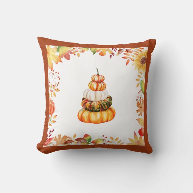 Fall Farmhouse Watercolor Pumpkins Cushion (Front)
