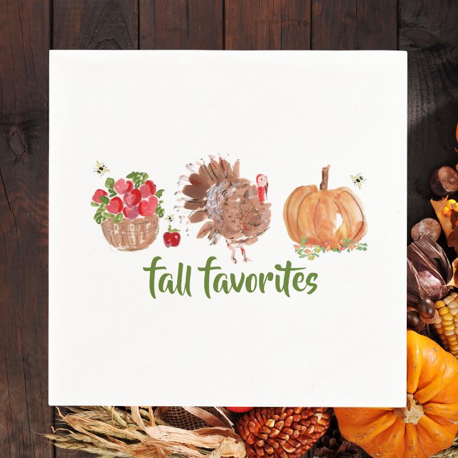Fall Favourites Watercolor Apples Turkey Pumpkin Napkin (Creator Uploaded)