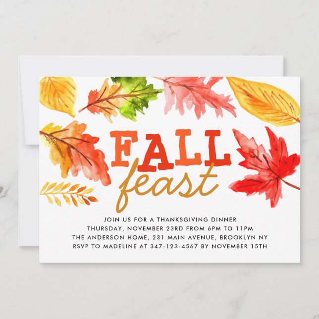 Fall Feast Watercolor Leaves Thanksgiving Dinner Invitation (Front)
