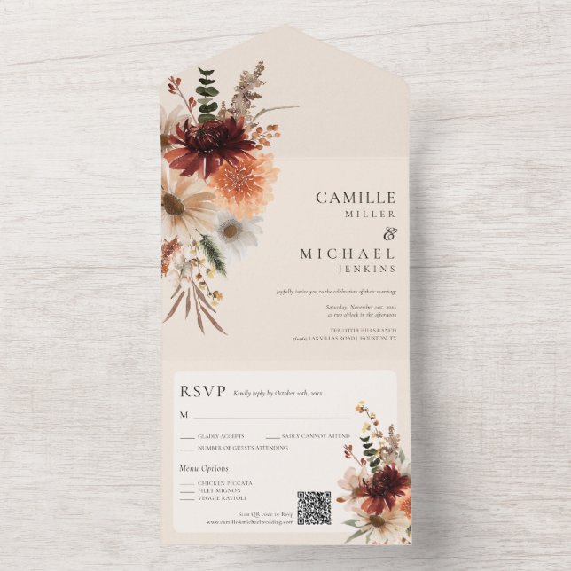 Fall Floral All in One QR Code Wedding Invitation (Inside)