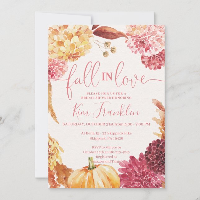 FALL Floral and Pink Check Fall in Love Shower Inv Invitation (Front)