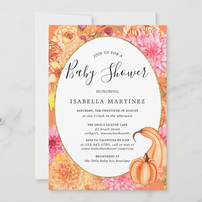 Fall Floral and Pumpkin Baby Shower  Invitation (Front)