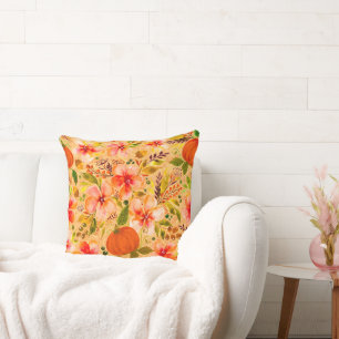 Fall Floral and Pumpkins on Golden Hay Background Cushion