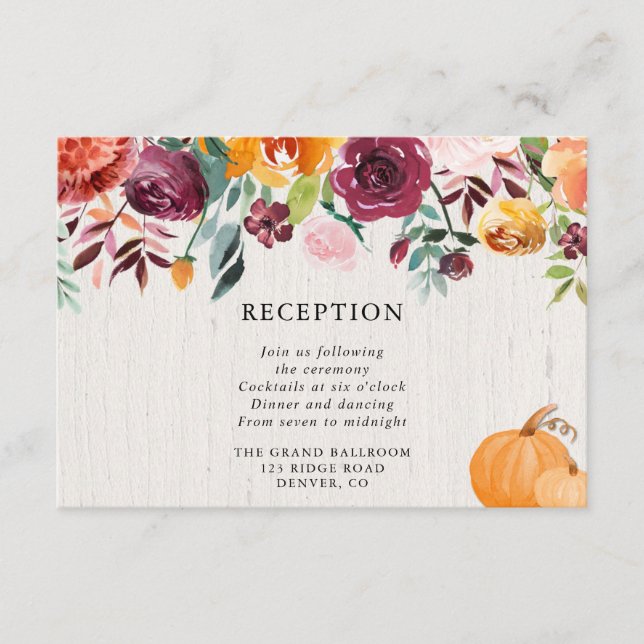 Fall floral and pumpkins watercolor reception enclosure card (Front)