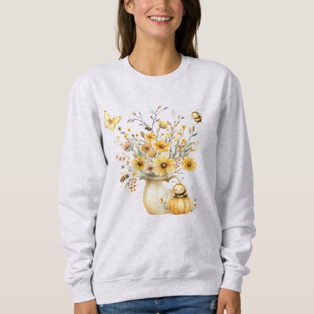 Fall Floral Arrangement, Pumpkin, Bumble Bees Sweatshirt (Front)