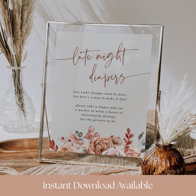 Fall Floral Baby Shower Late Night Diapers Sign (Creator Uploaded)