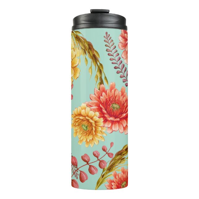 Fall Floral Blue Background Thermal Tumbler (Front)
