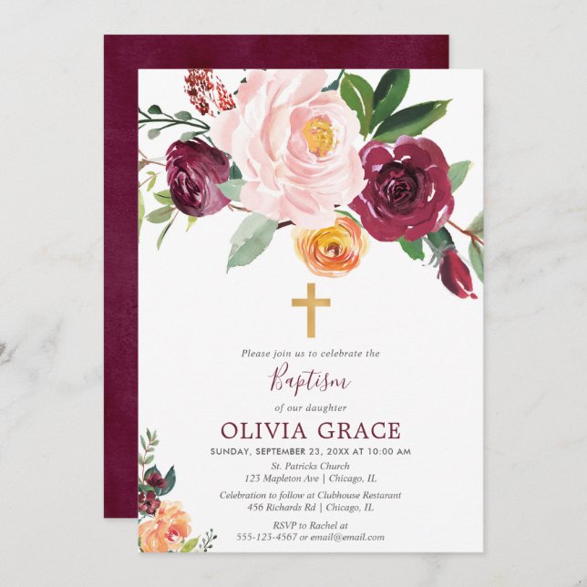 Fall floral blush pink burgundy baptism invitation (Front/Back)