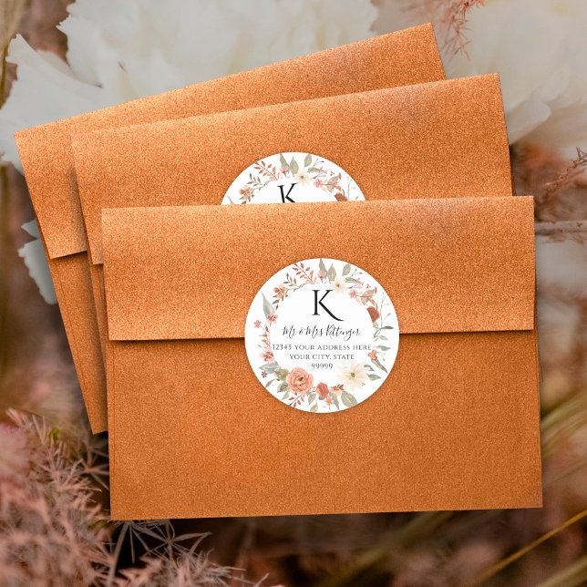 Fall Floral BOHO Autumn Leaves Monogram Address  C Classic Round Sticker (Creator Uploaded)