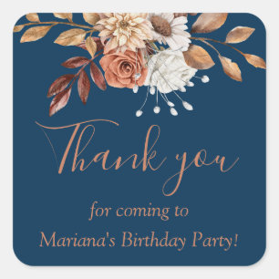 Fall Floral Bouquet Birthday Navy Blue Favor Square Sticker