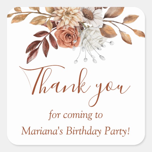 Fall Floral Bouquet Birthday on White Favour Square Sticker (Front)