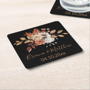 Fall Floral Bouquet Black Square Paper Coaster