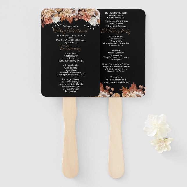 Fall Floral Bouquet Black Wedding Hand Fan (Front and Back)