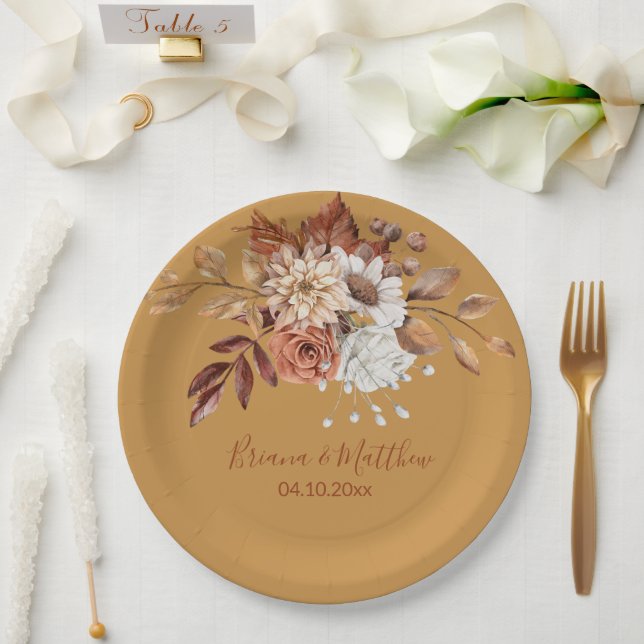 Fall Floral Bouquet Gold Wedding Paper Plates (Wedding)