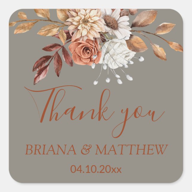 Fall Floral Bouquet Grey Favour Square Sticker (Front)