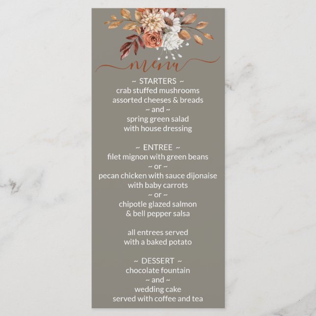 Fall Floral Bouquet Grey Wedding Menu (Front)