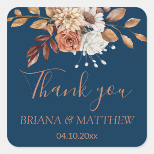 Fall Floral Bouquet Navy Blue Favour Square Sticker