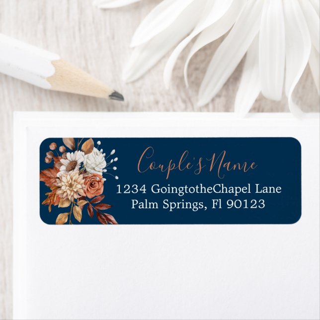 Fall Floral Bouquet Navy Blue Return Address Label (Insitu)