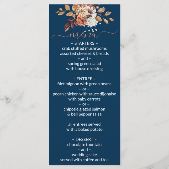 Fall Floral Bouquet Navy Blue Wedding Menu (Front)