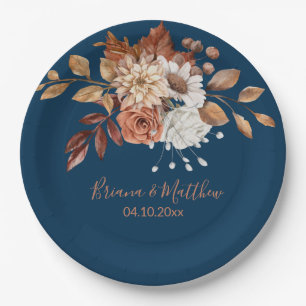 Fall Floral Bouquet Navy Blue Wedding Paper Plates
